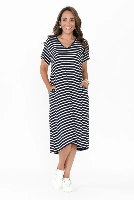 Tiffany Navy Stripe Bamboo Tee Dress sold by Blue Bungalow