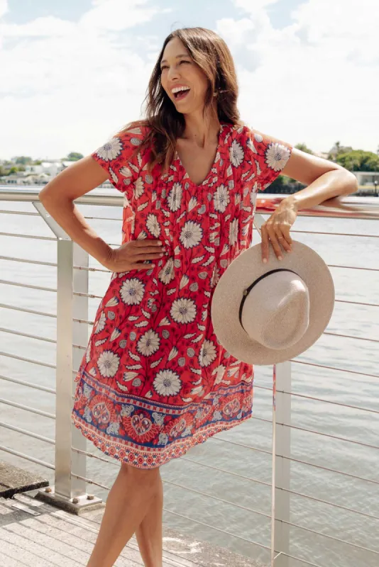 Sabina Red Floral Crinkle Cotton Dress sold by Blue Bungalow
