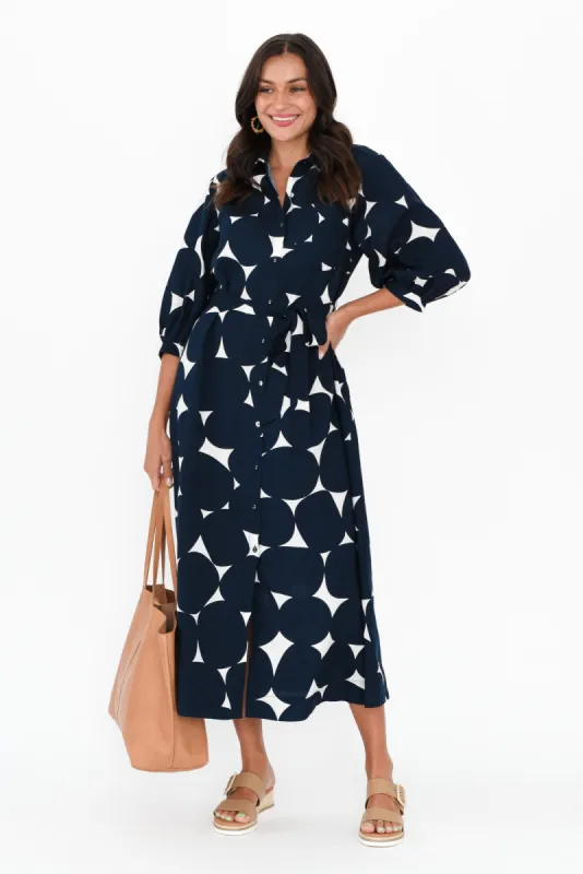 Demi Navy Spot Linen Blend Tie Dress sold by Blue Bungalow