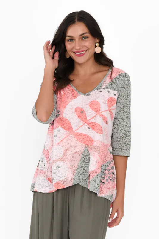 Skyros Khaki Leaf 3/4 Sleeve Top sold by Blue Bungalow