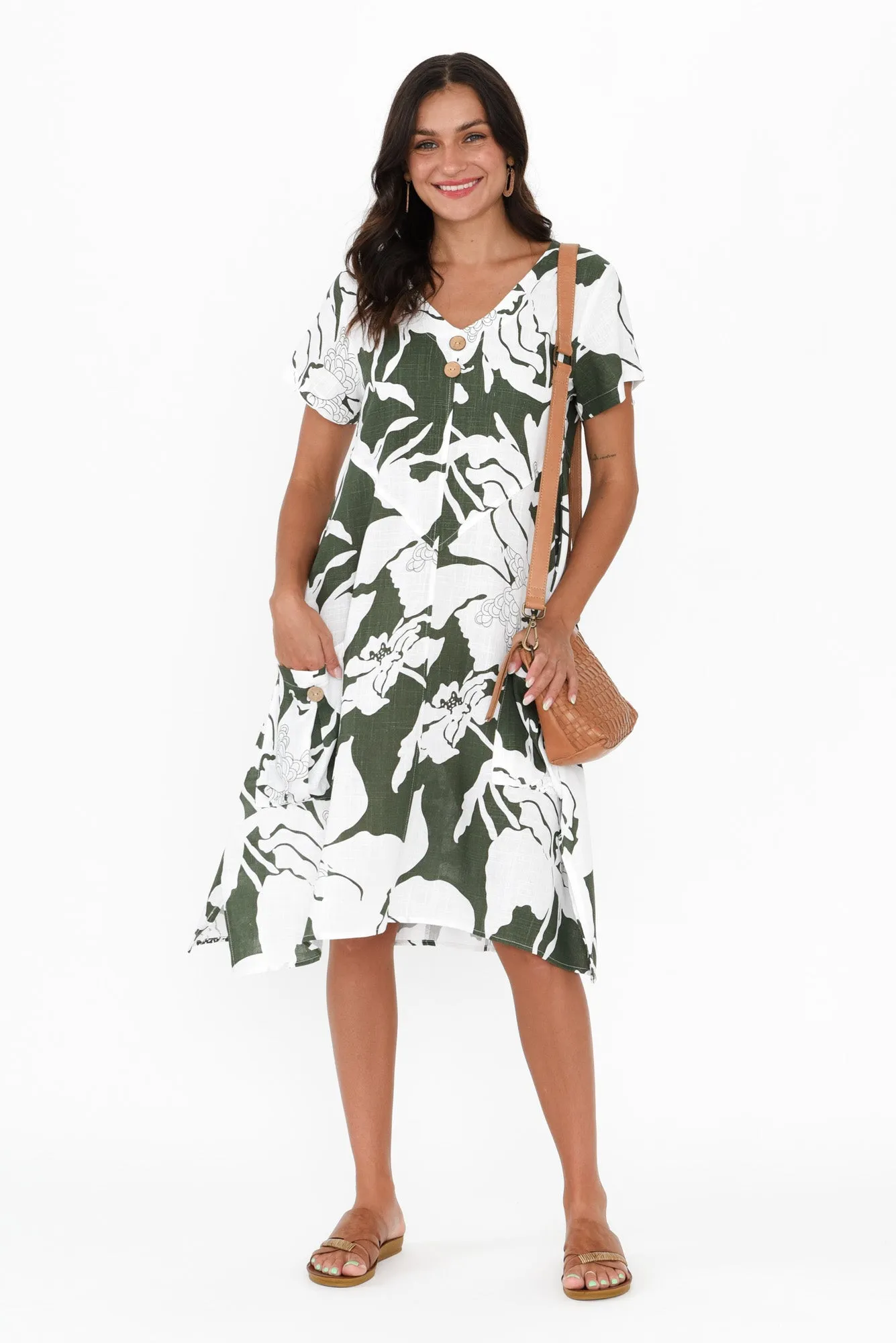 Bryant Green Floral Linen Cotton Dress sold by Blue Bungalow