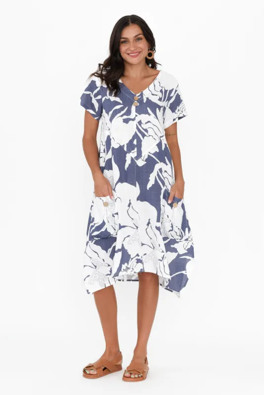 Bryant Blue Floral Linen Cotton Dress sold by Blue Bungalow