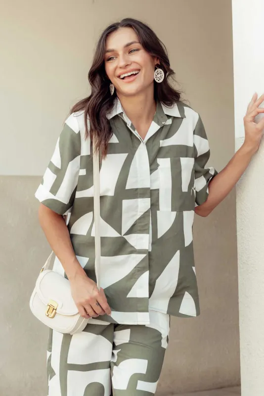 Dali Green Geo Lyocell Blend Short Sleeve Shirt sold by Blue Bungalow