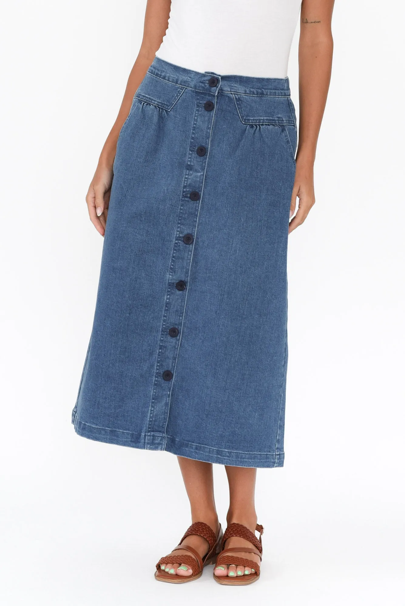 Amanda Blue Stretch Denim Midi Skirt sold by Blue Bungalow