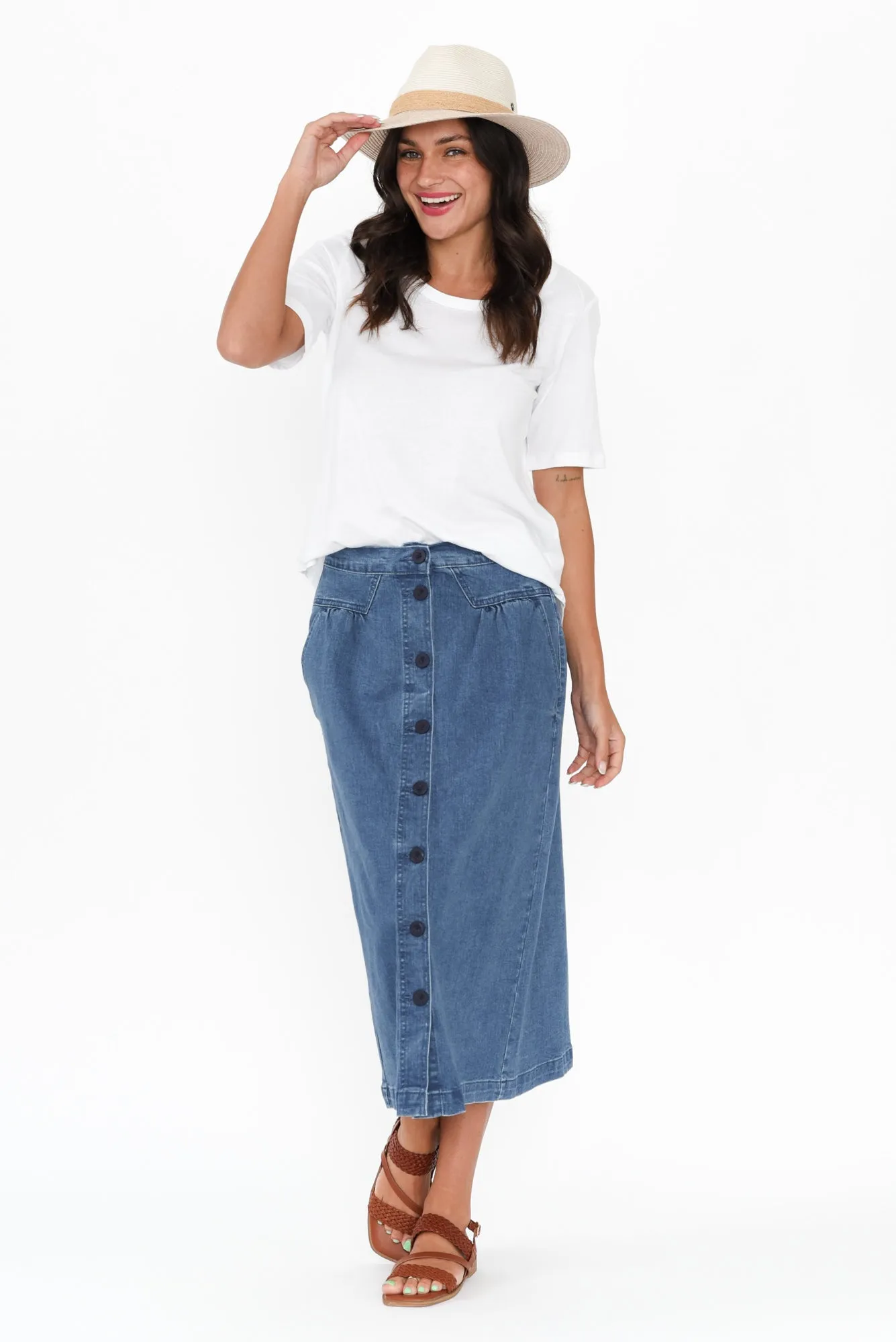 Amanda Blue Stretch Denim Midi Skirt sold by Blue Bungalow product image thumbnail 2