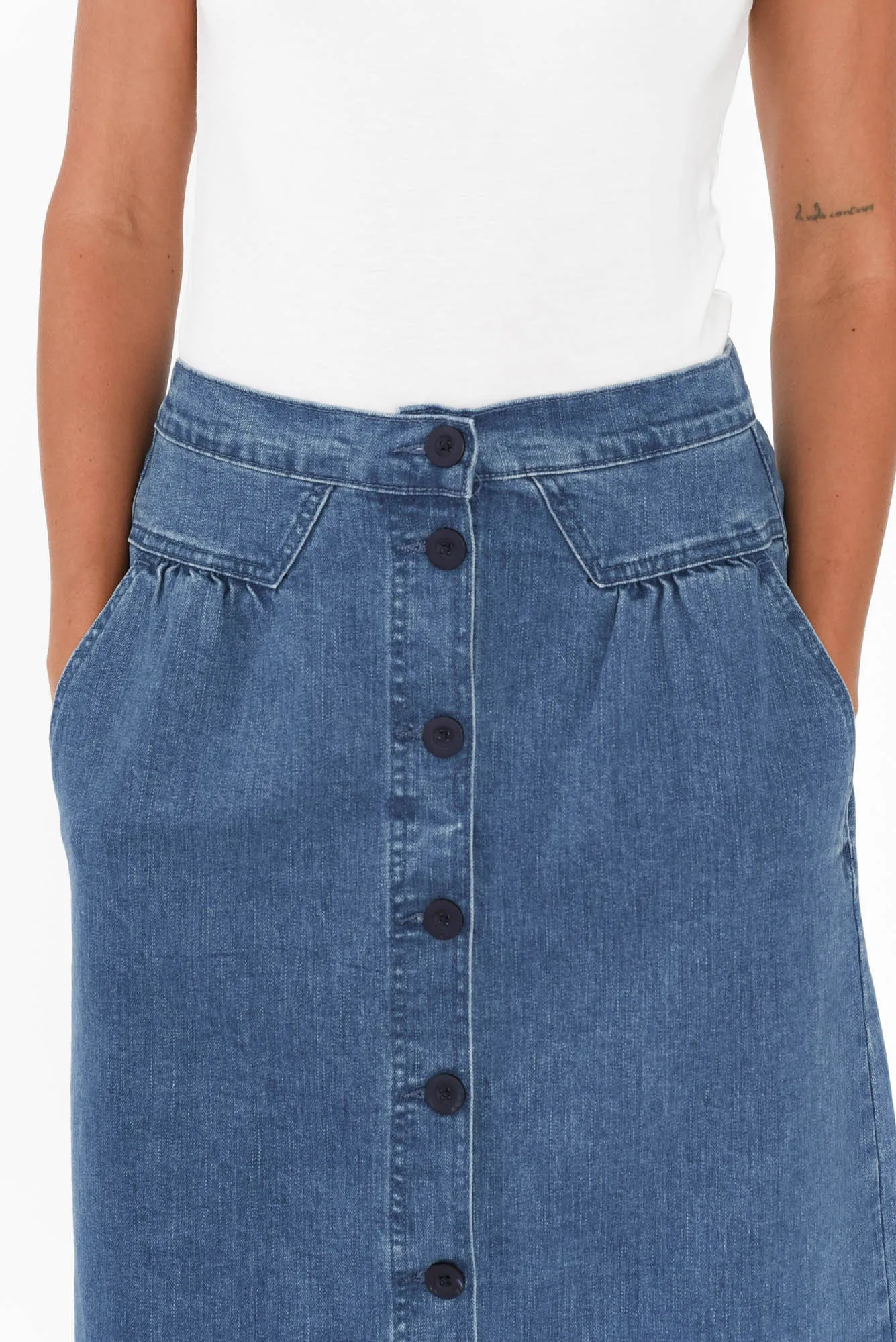 Amanda Blue Stretch Denim Midi Skirt sold by Blue Bungalow product image thumbnail 5