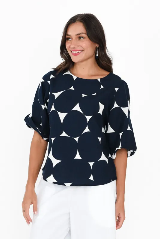 Demi Navy Spot Linen Blend Top sold by Blue Bungalow