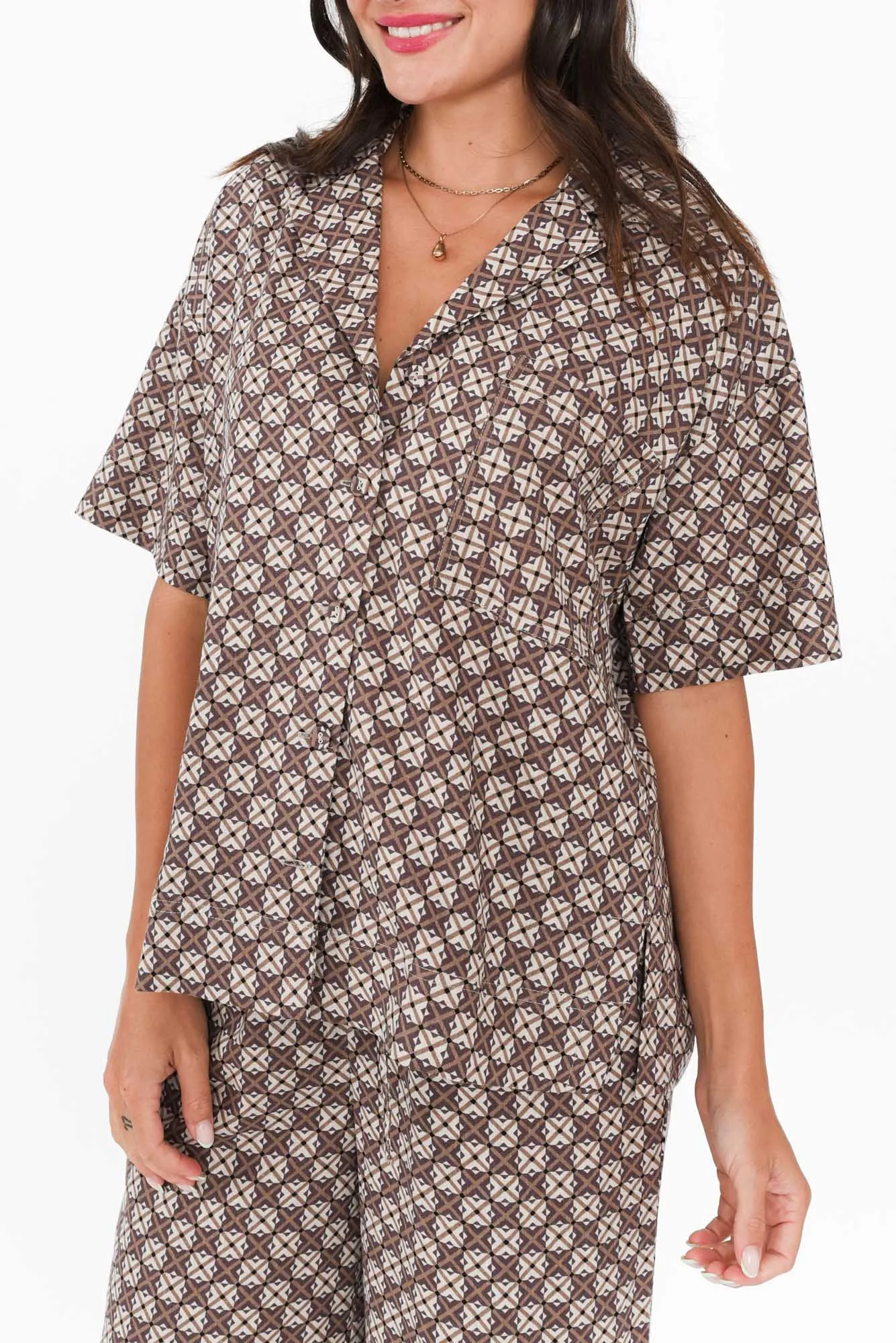 Lui Chocolate Geo Linen Blend Shirt sold by Blue Bungalow product image thumbnail 5