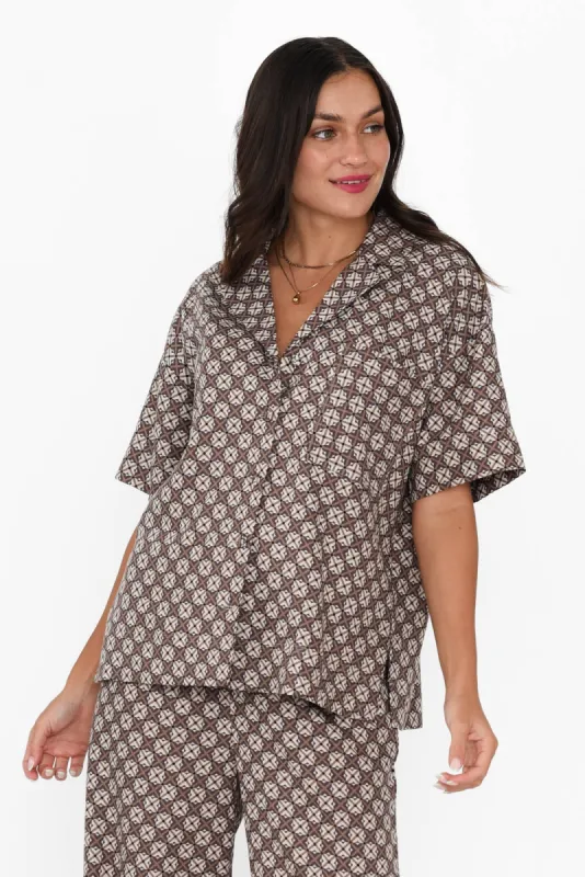Lui Chocolate Geo Linen Blend Shirt sold by Blue Bungalow