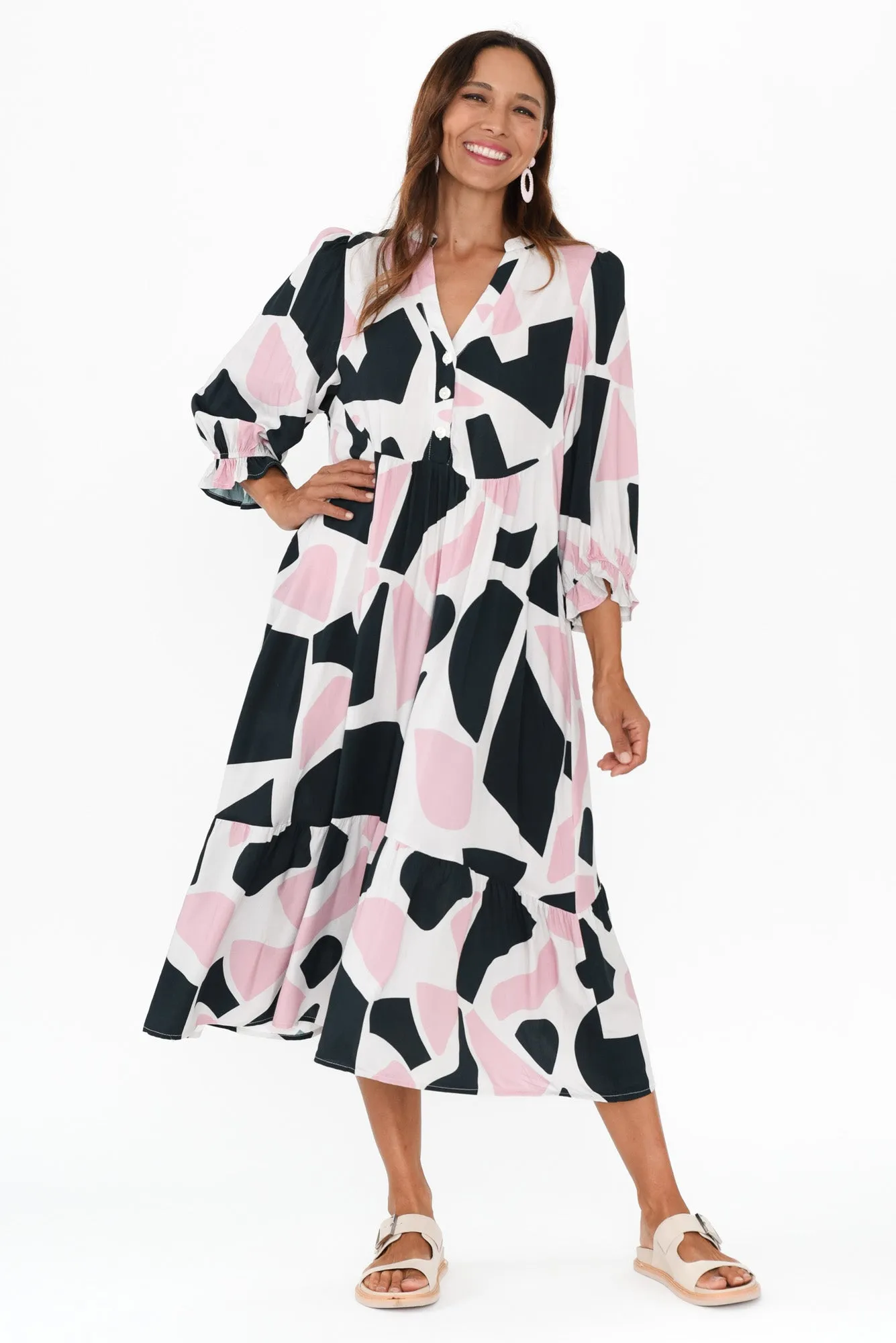 Burleigh Pink Geo Sleeved Dress sold by Blue Bungalow