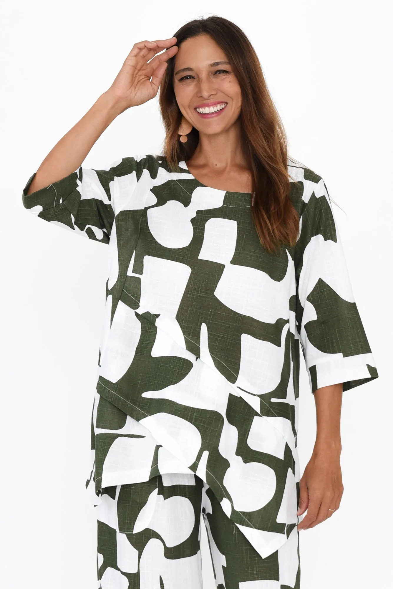 Anya Khaki Geo Linen Cotton Top sold by Blue Bungalow