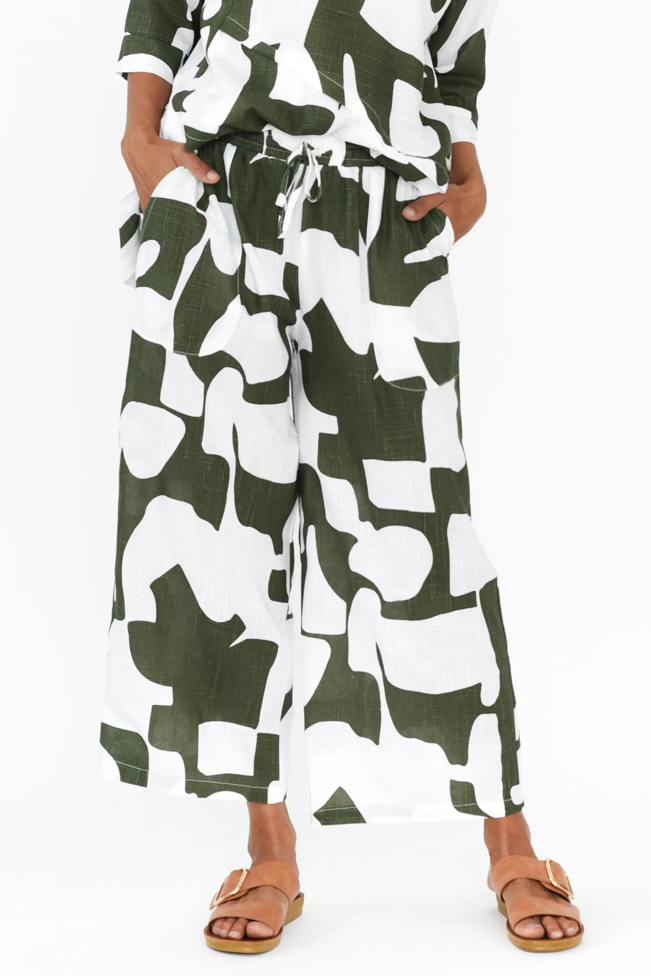 Minnelli Khaki Geo Linen Cotton Pants sold by Blue Bungalow