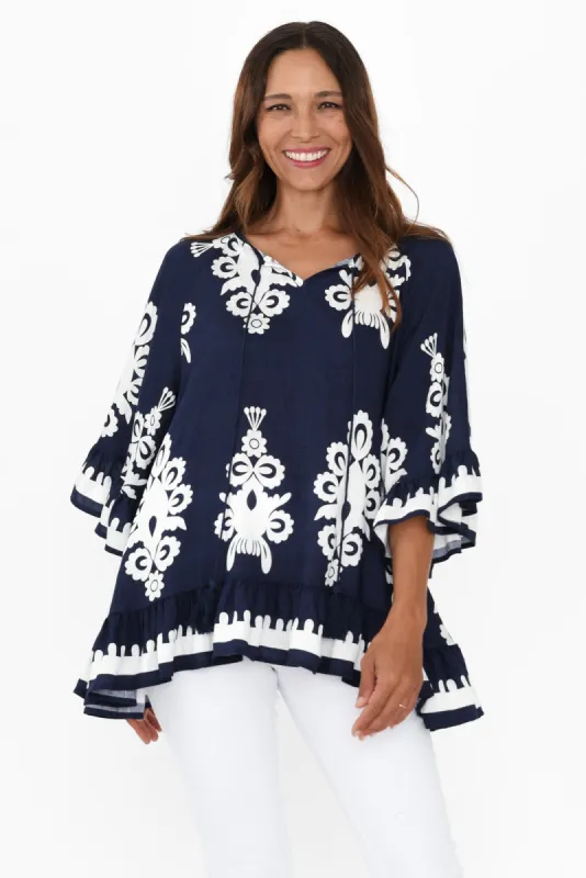 Rosana Navy Abstract Tassel Top sold by Blue Bungalow