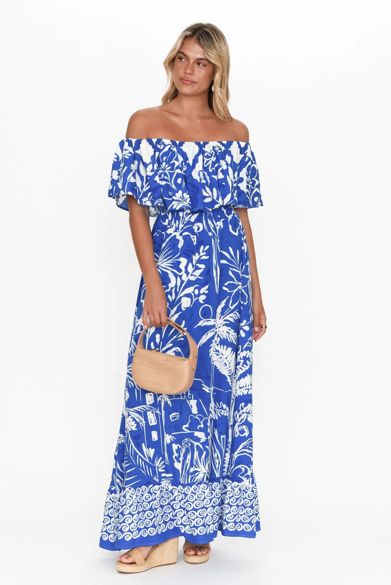Darden Cobalt Tropical Off Shoulder Dress sold by Blue Bungalow
