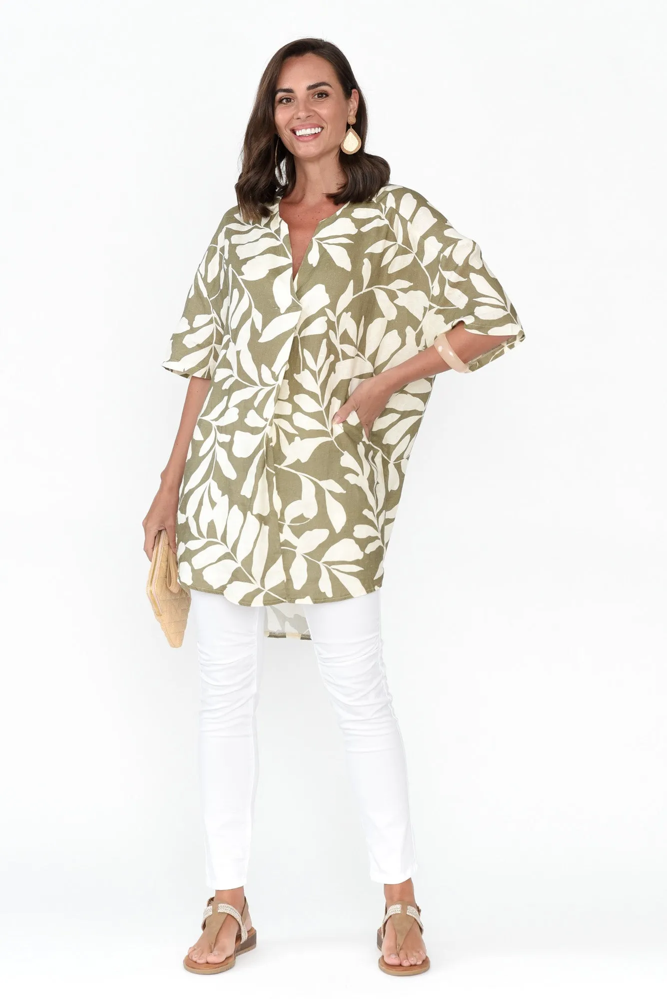 Holland Khaki Leaf Linen V Neck Tunic sold by Blue Bungalow product image thumbnail 2