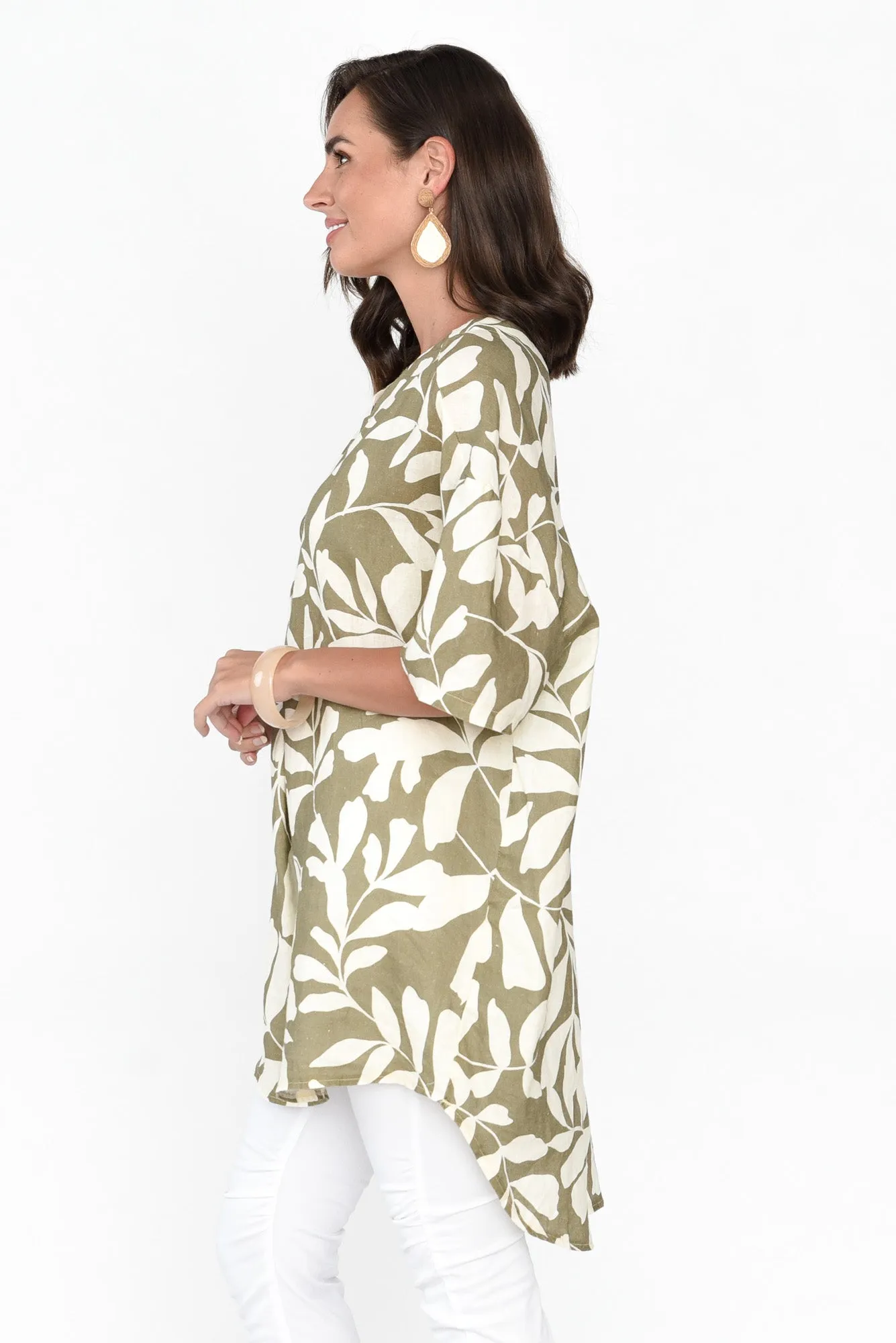 Holland Khaki Leaf Linen V Neck Tunic sold by Blue Bungalow product image thumbnail 3