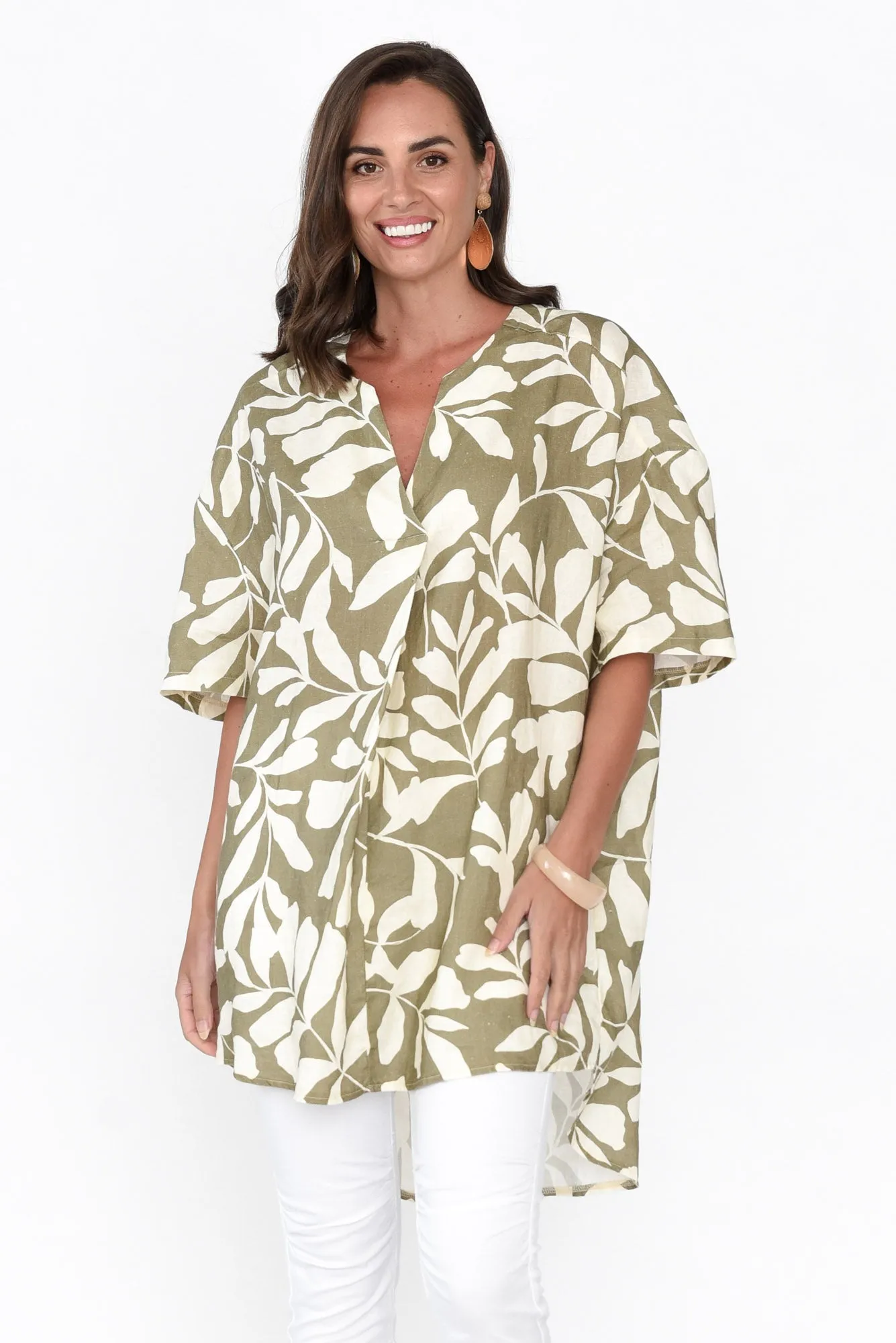 Holland Khaki Leaf Linen V Neck Tunic sold by Blue Bungalow