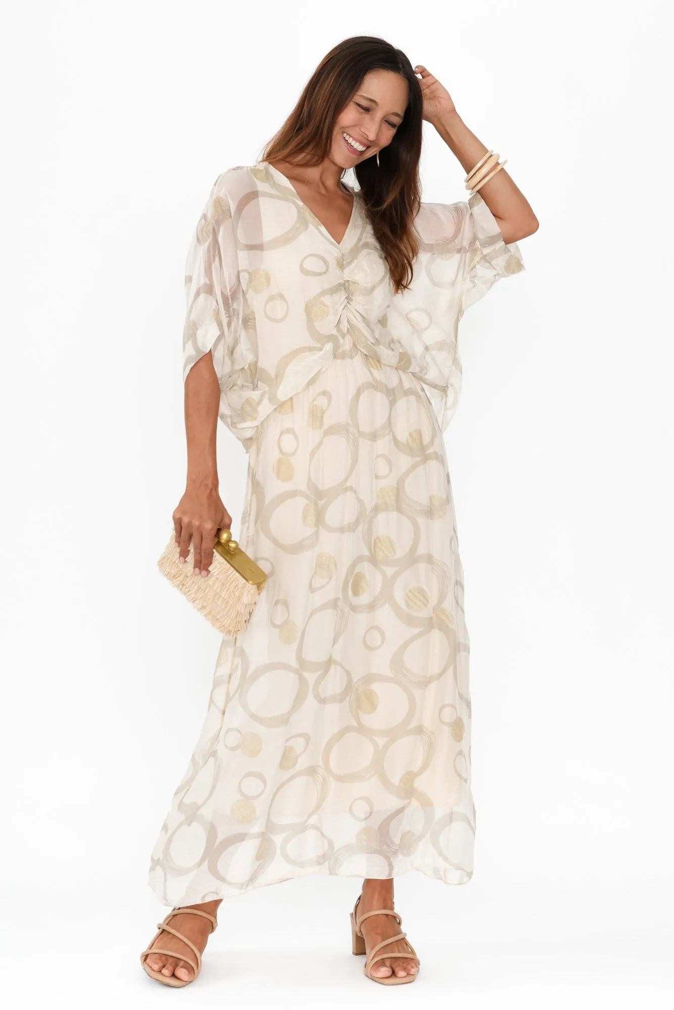 Kerry Cream Circle Silk Gathered Dress sold by Blue Bungalow