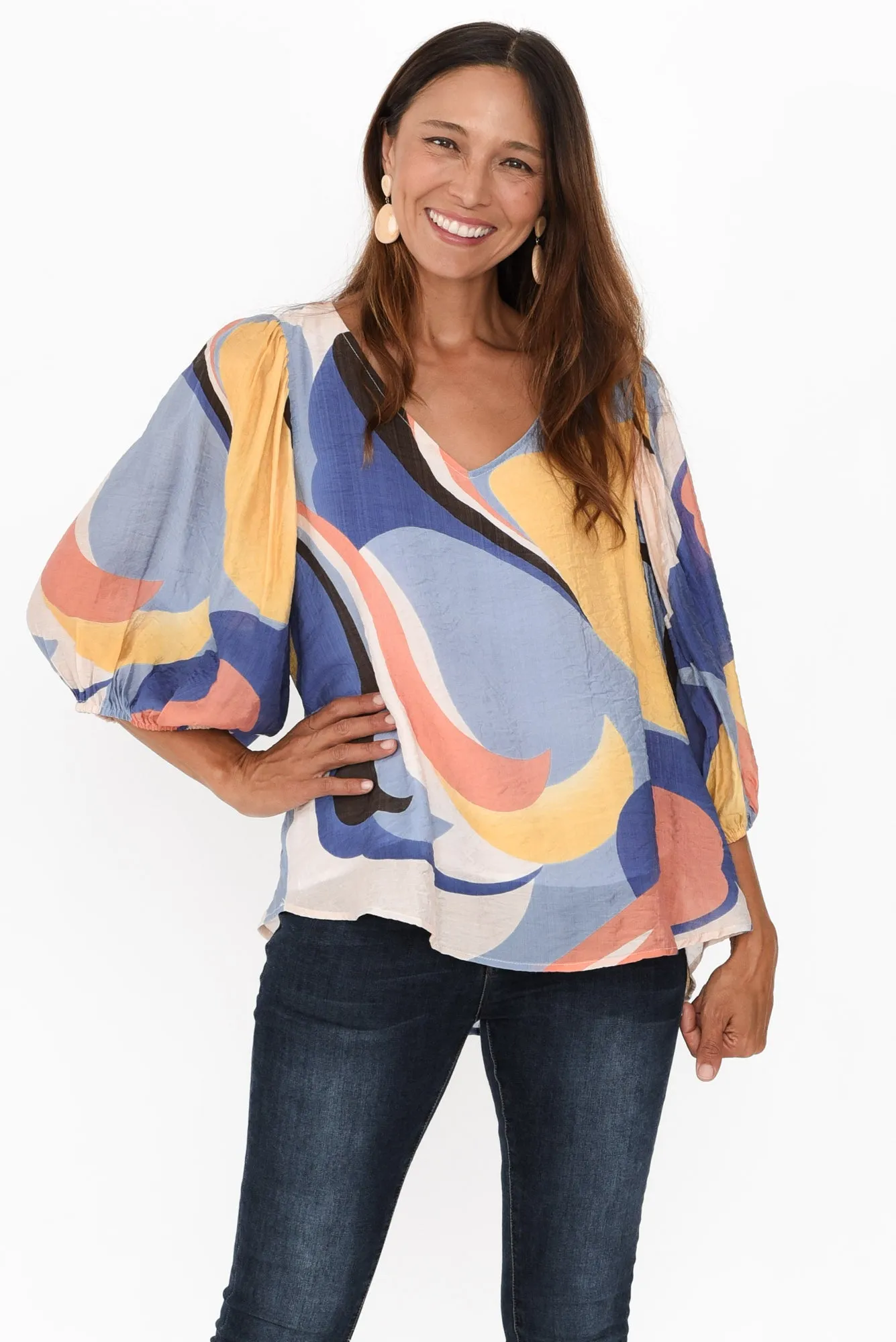 Misma Blue Swirl V Neck Top sold by Blue Bungalow