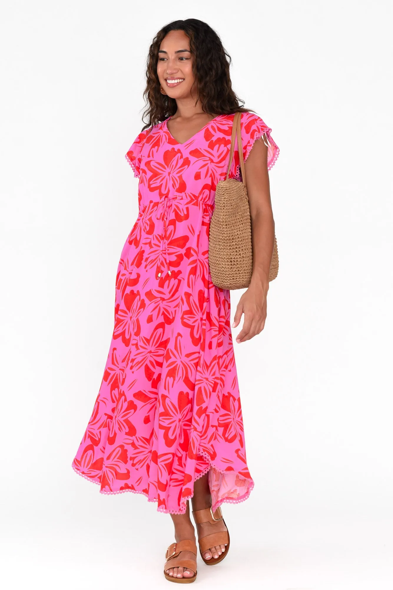 Libby Pink Frangipani Midi Dress sold by Blue Bungalow