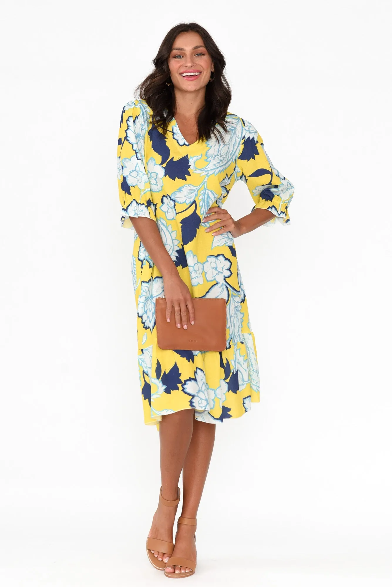 Reiko Yellow Floral Linen Blend Dress sold by Blue Bungalow