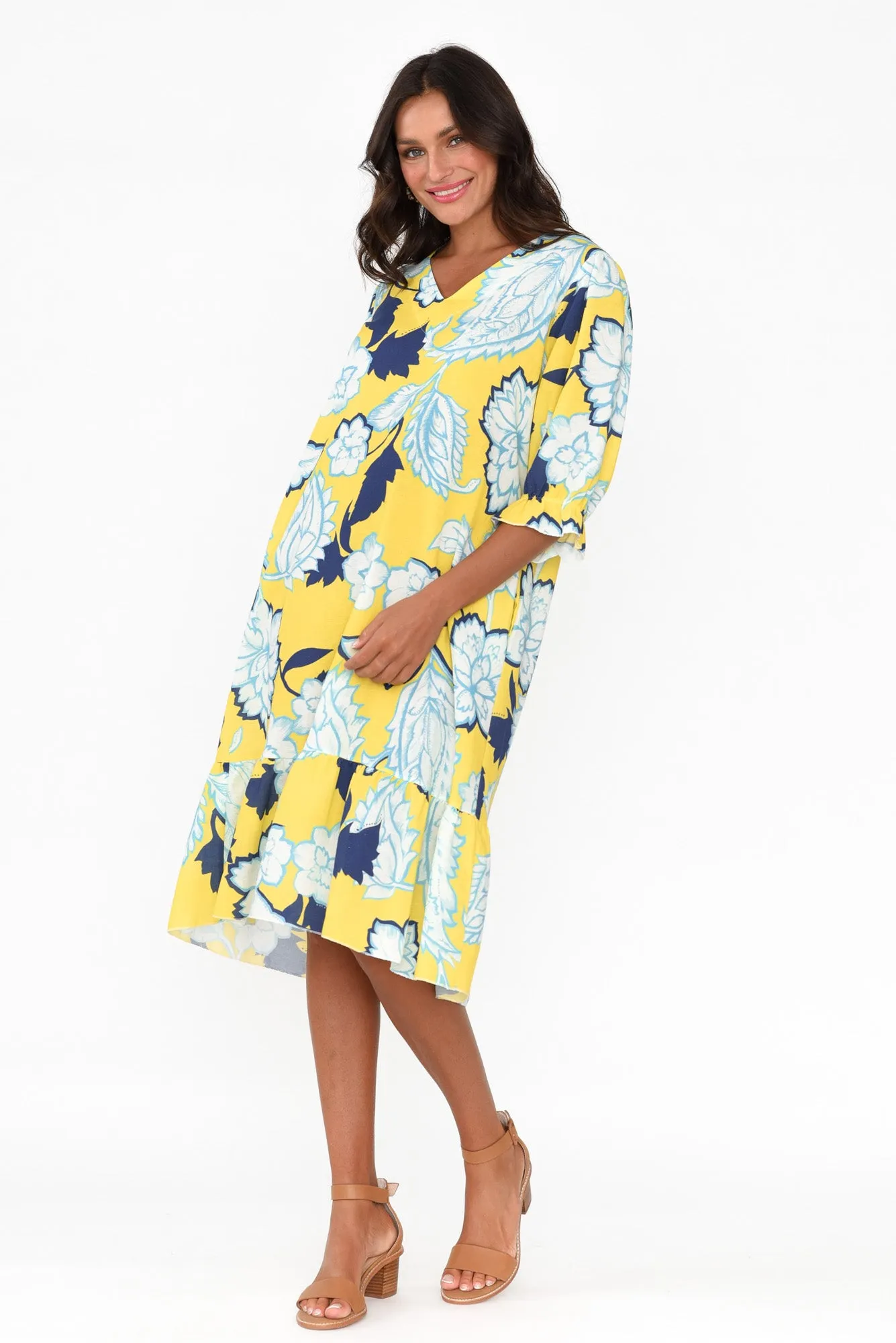 Reiko Yellow Floral Linen Blend Dress sold by Blue Bungalow product image thumbnail 2