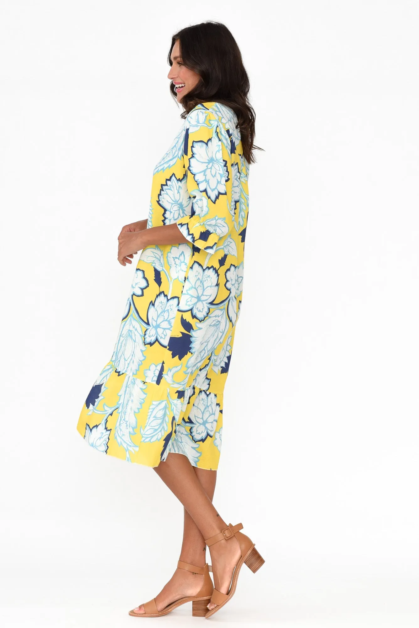 Reiko Yellow Floral Linen Blend Dress sold by Blue Bungalow product image thumbnail 3