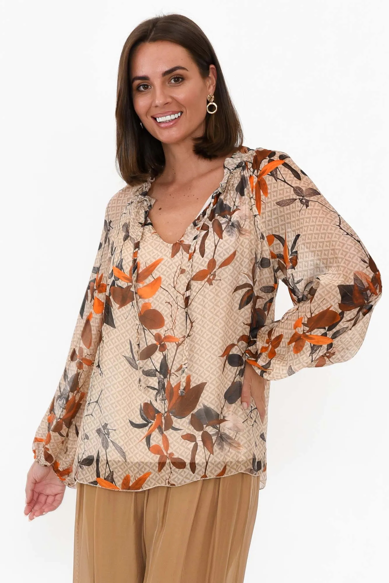 James Rust Leaf Front Tie Silk Top sold by Blue Bungalow product image thumbnail 2