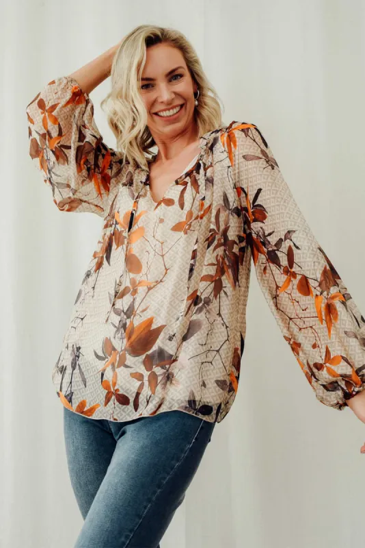 James Rust Leaf Front Tie Silk Top sold by Blue Bungalow