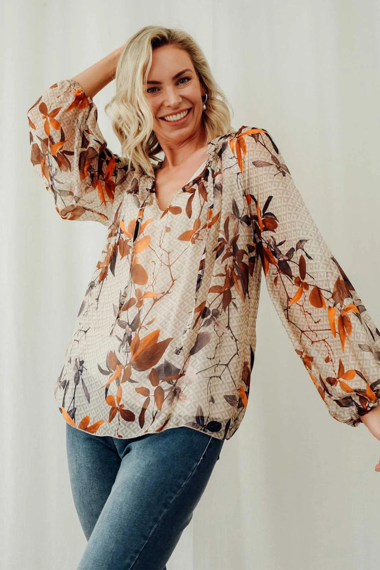 James Rust Leaf Front Tie Silk Top sold by Blue Bungalow
