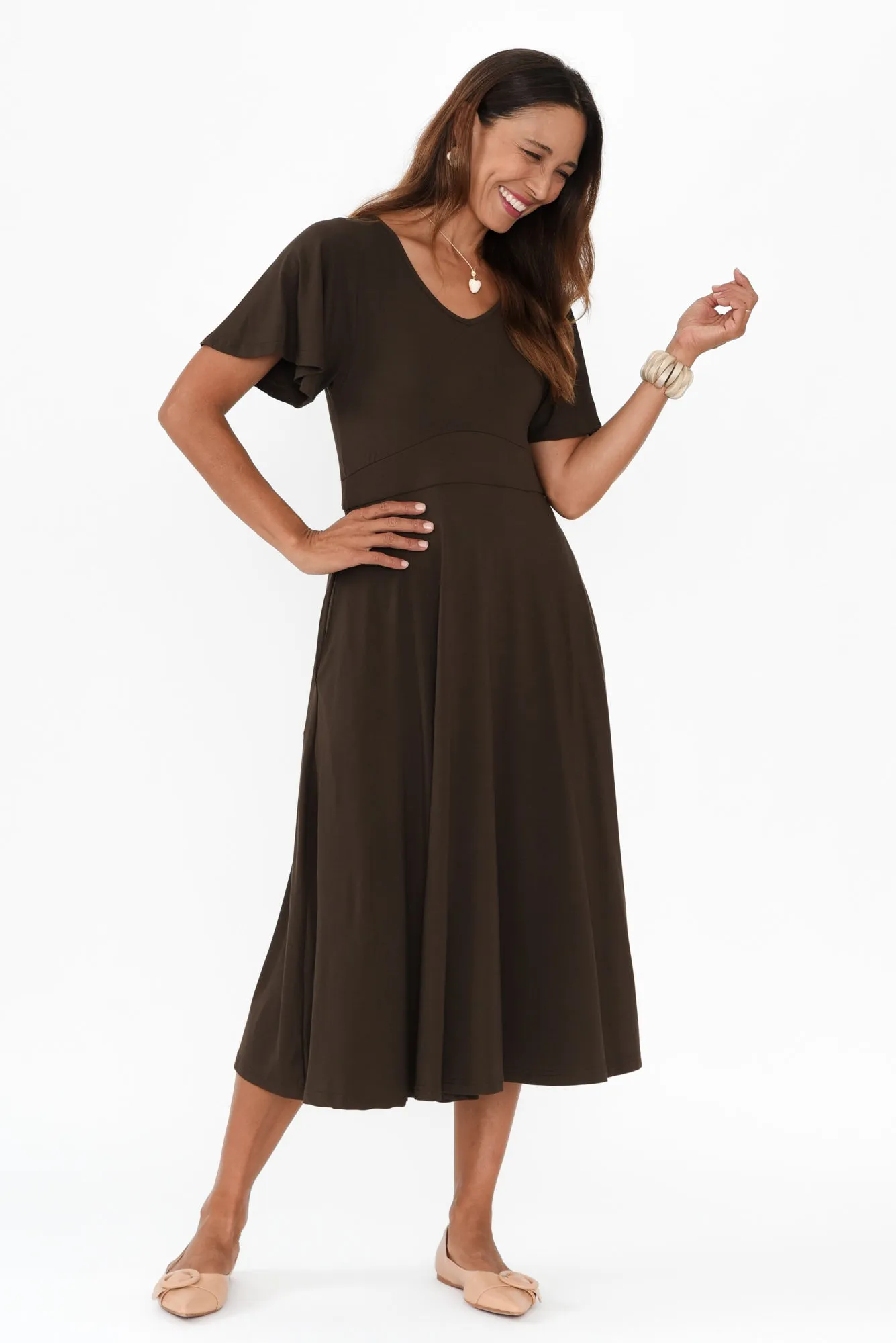 Siena Khaki Bamboo V Neck Dress sold by Blue Bungalow product image thumbnail 3
