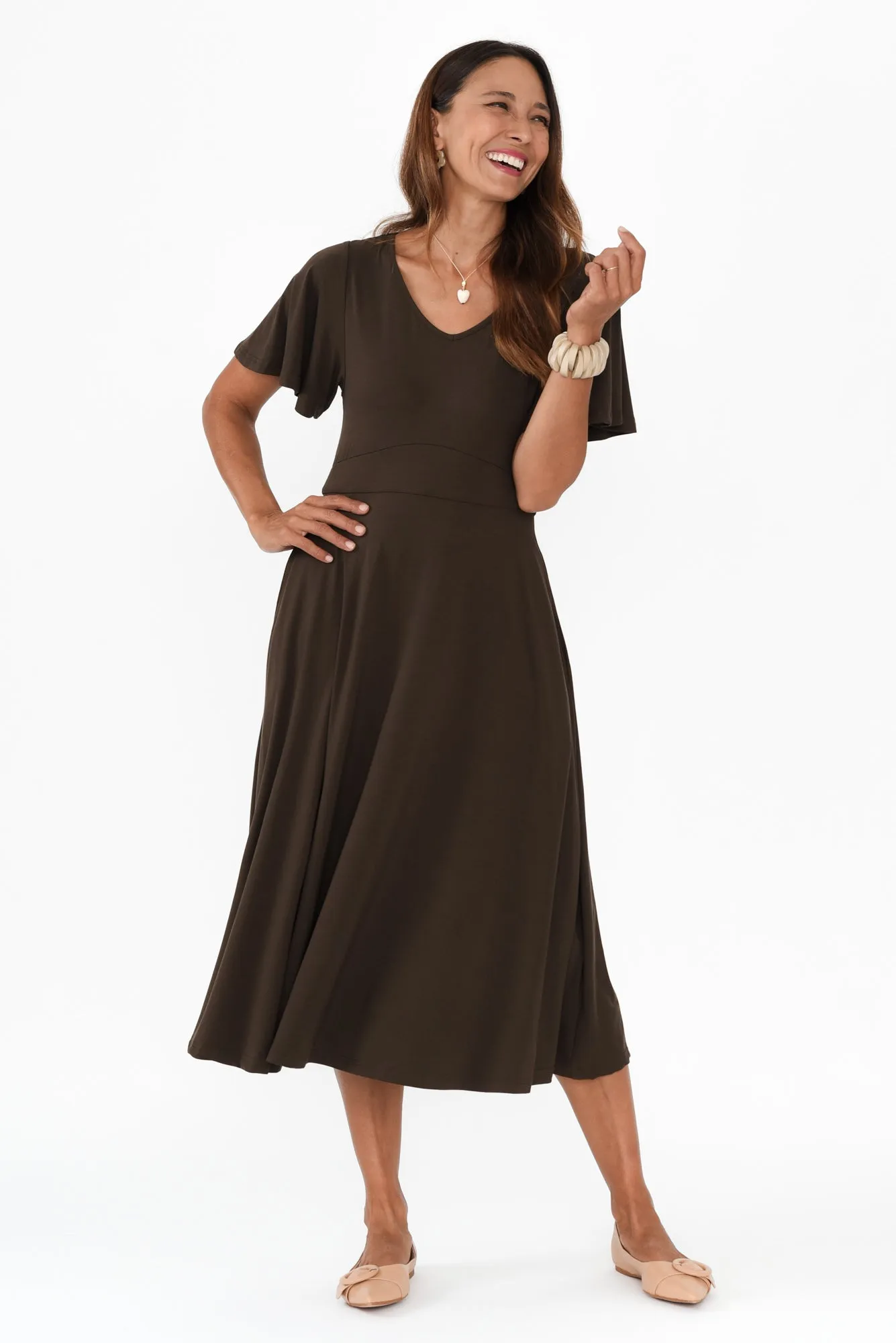 Siena Khaki Bamboo V Neck Dress sold by Blue Bungalow