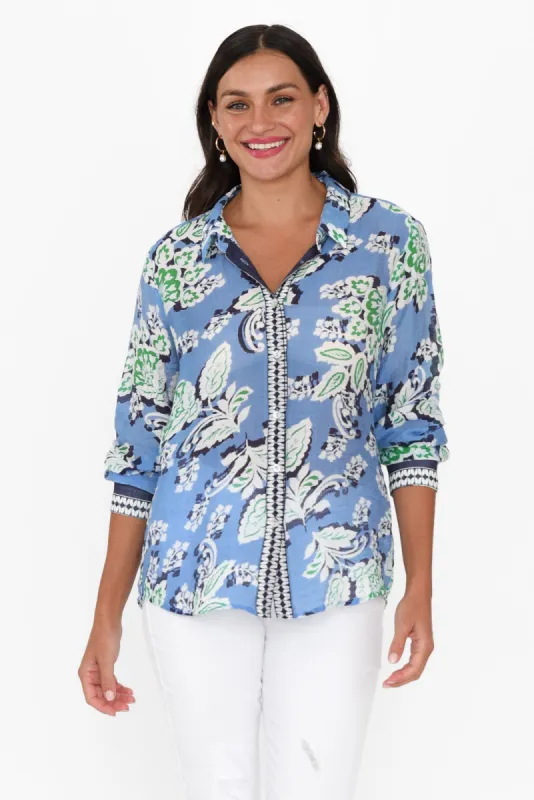 Coastal Blue Leaf Collared Shirt sold by Blue Bungalow