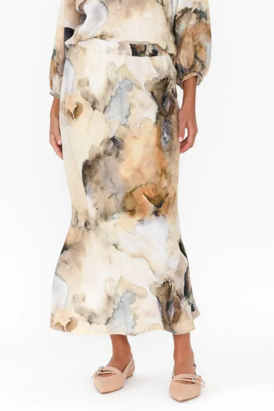 Modena Beige Marble Linen Midi Skirt sold by Blue Bungalow