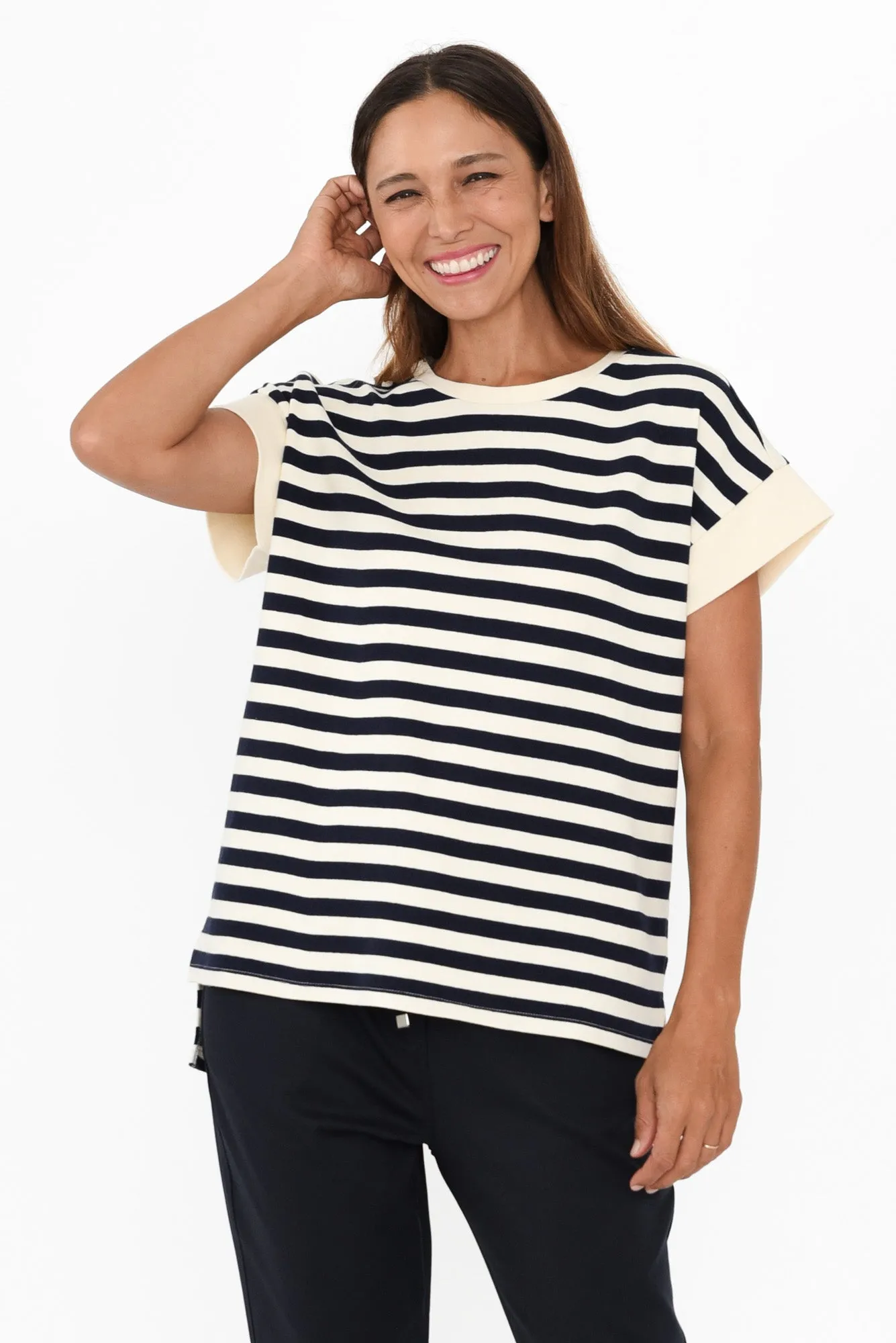 Willa Navy Stripe Cotton Tee sold by Blue Bungalow