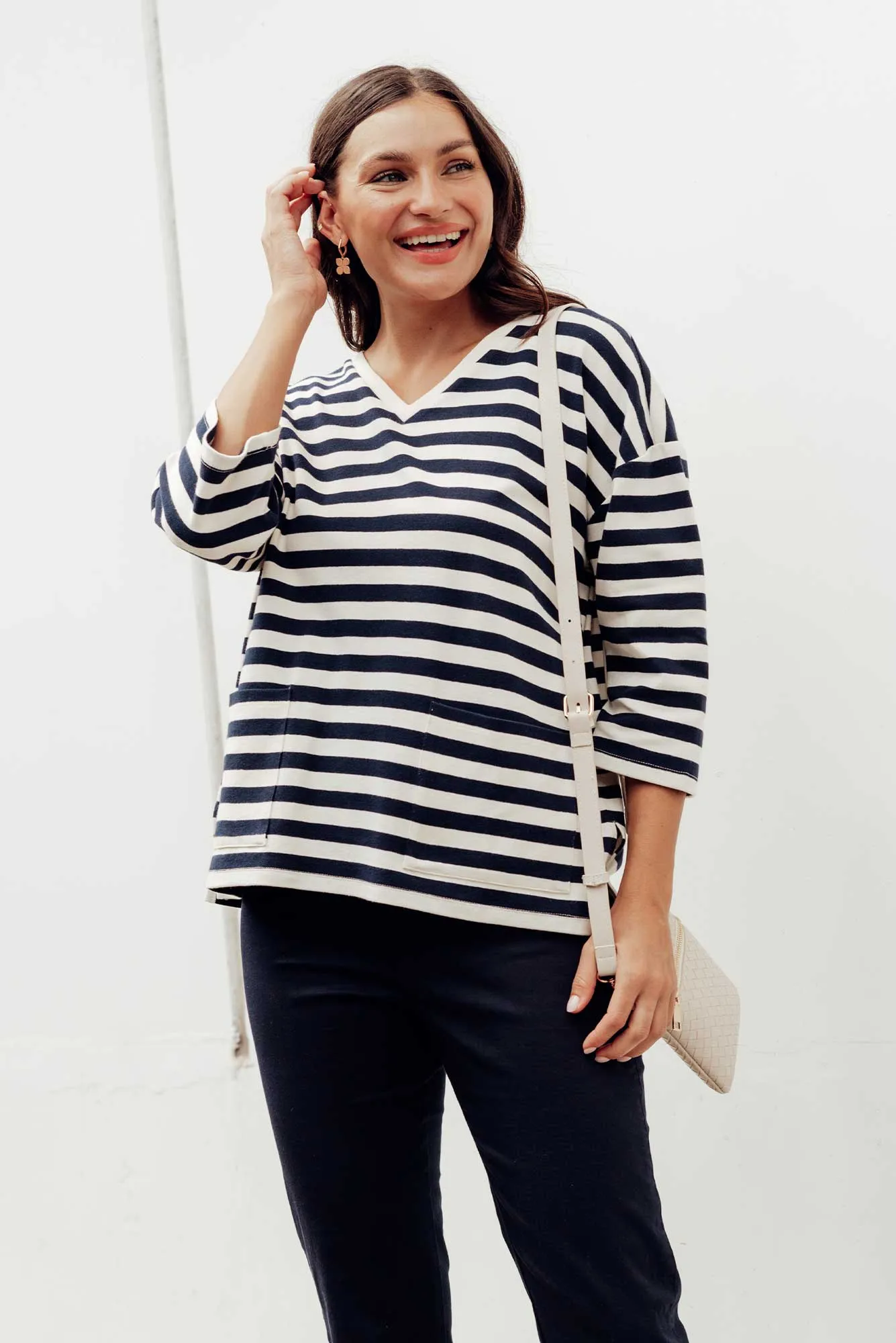Raven Navy Stripe Cotton Pocket Tee sold by Blue Bungalow