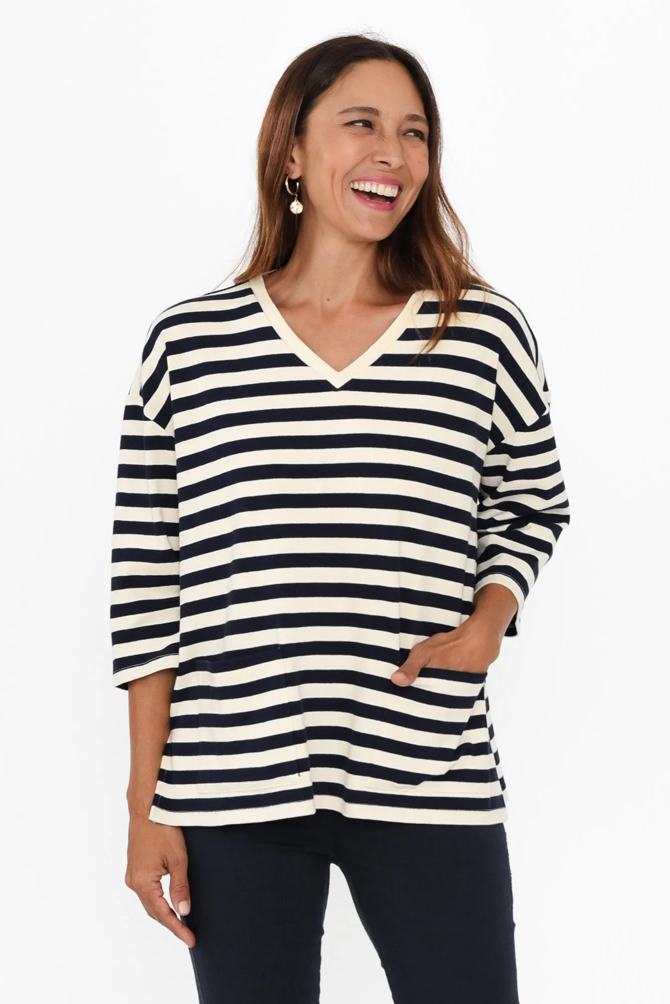 Raven Navy Stripe Cotton Pocket Tee sold by Blue Bungalow product image thumbnail 2