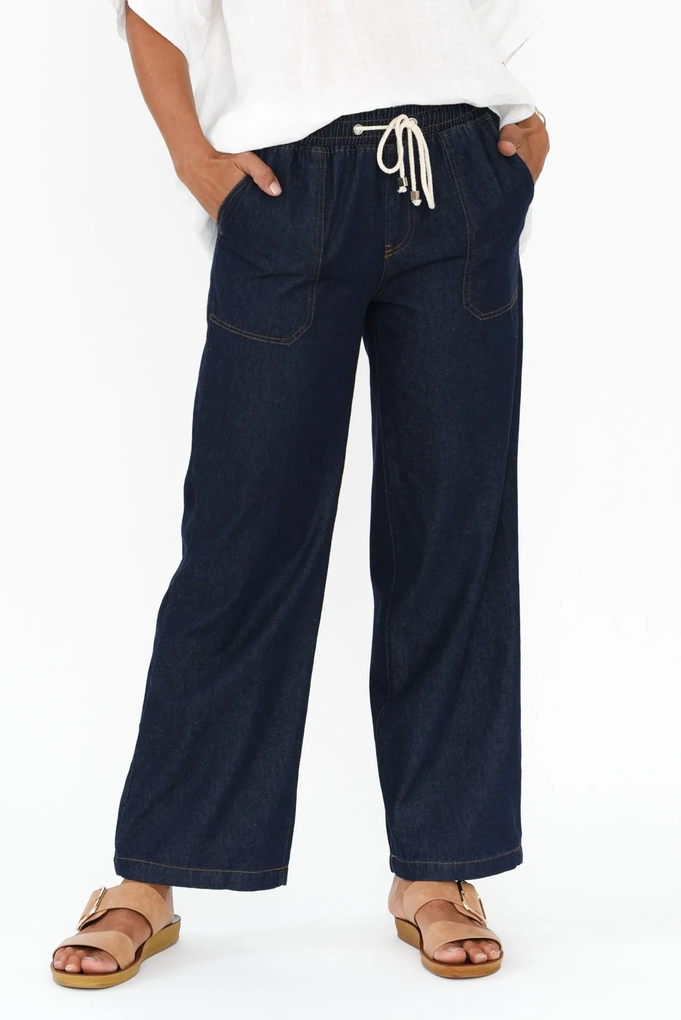 Drakey Dark Blue Denim Drawstring Pants sold by Blue Bungalow