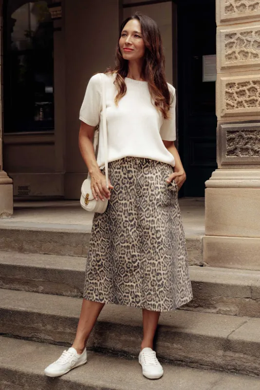 Astra Brown Leopard Denim Midi Skirt sold by Blue Bungalow