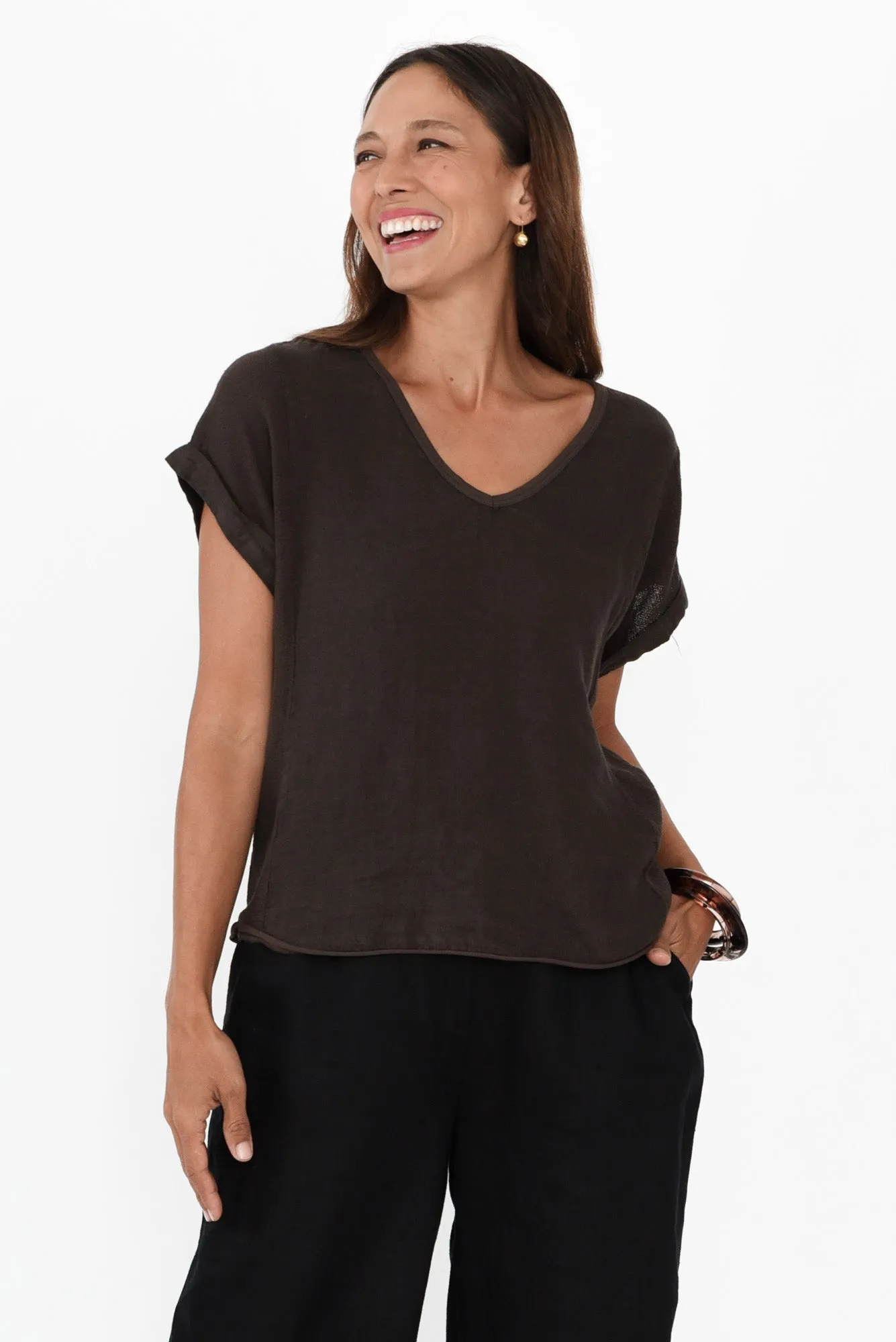 Dorian Chocolate Linen Cotton Top sold by Blue Bungalow