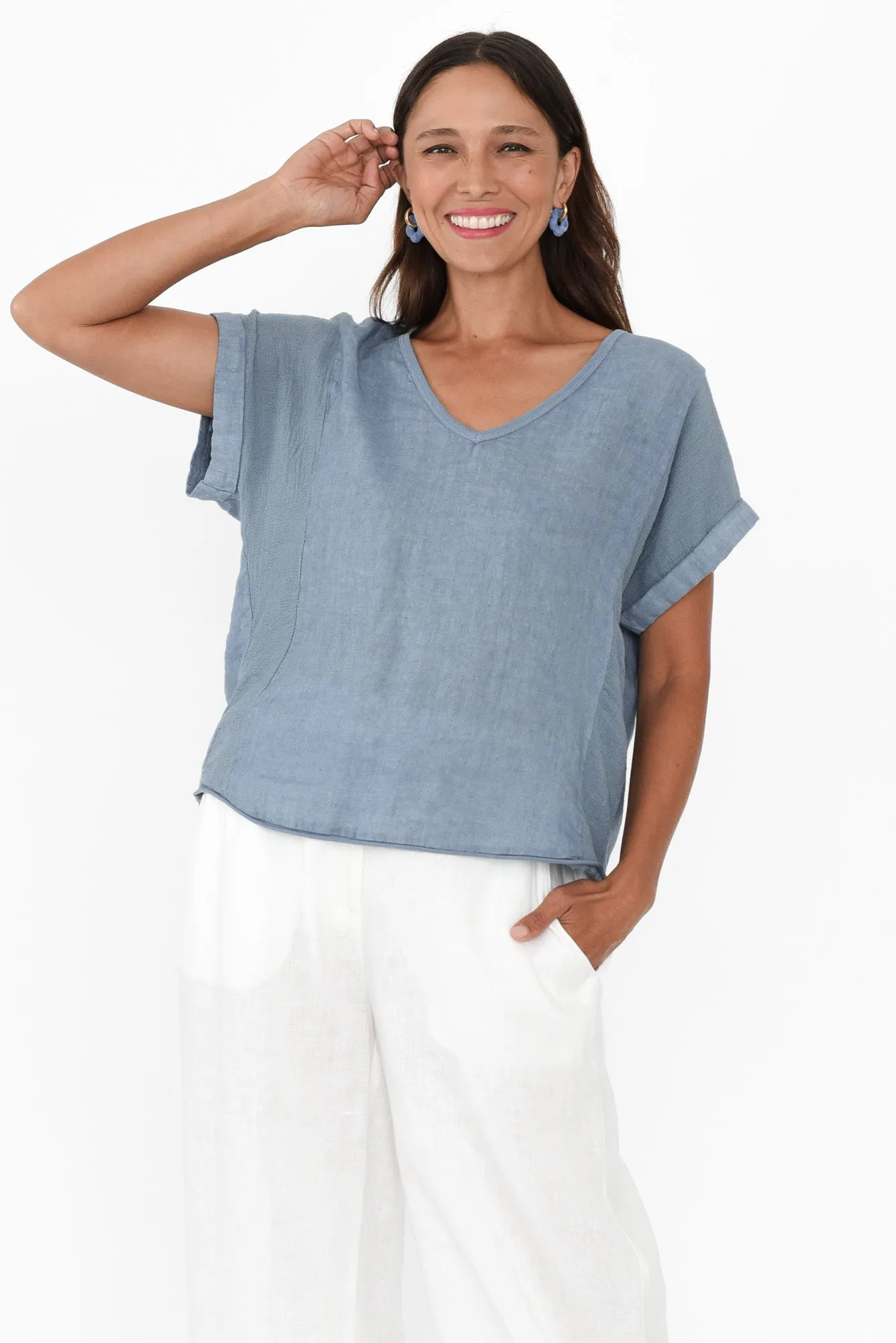 Dorian Light Blue Linen Cotton Top sold by Blue Bungalow
