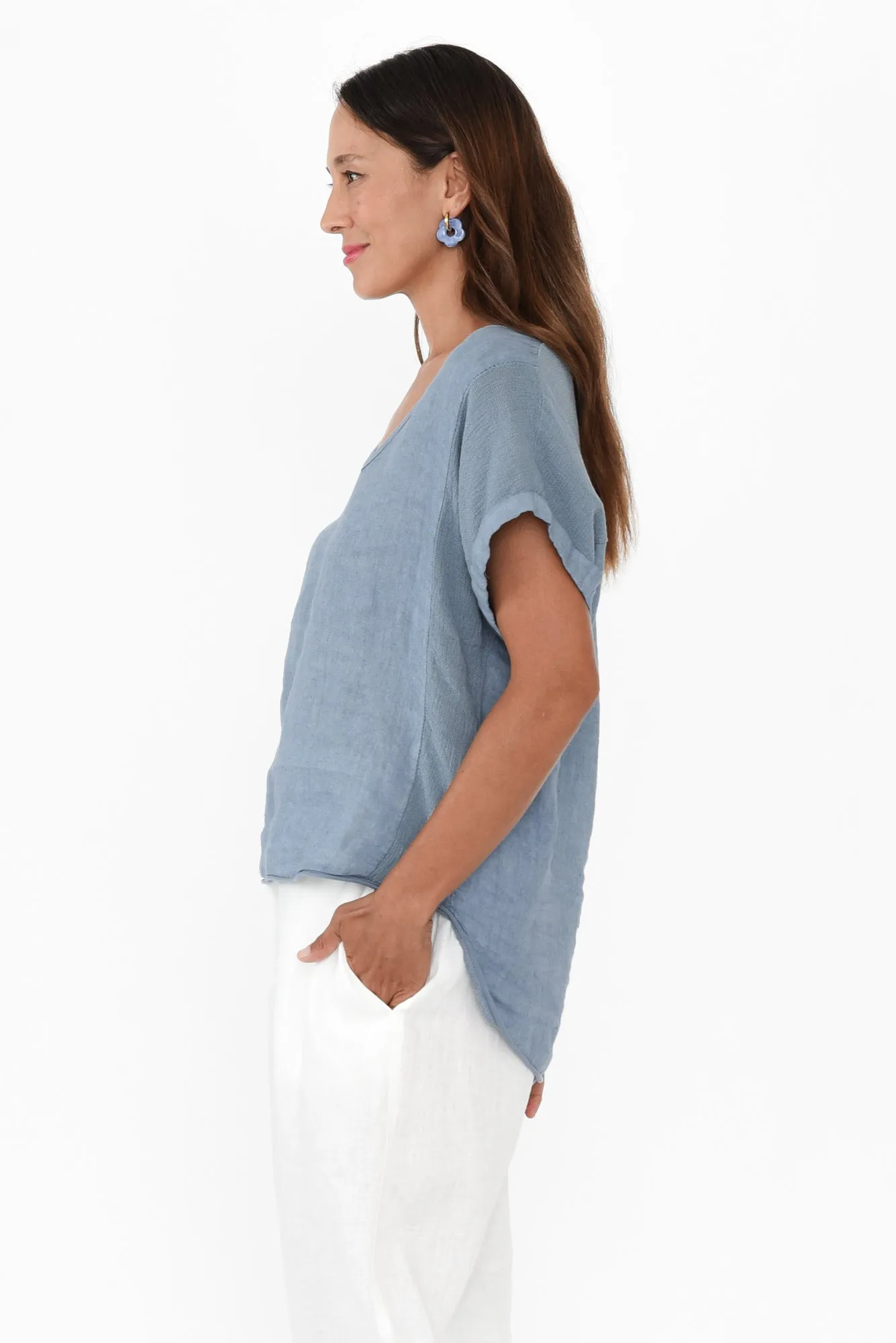 Dorian Light Blue Linen Cotton Top sold by Blue Bungalow product image thumbnail 3
