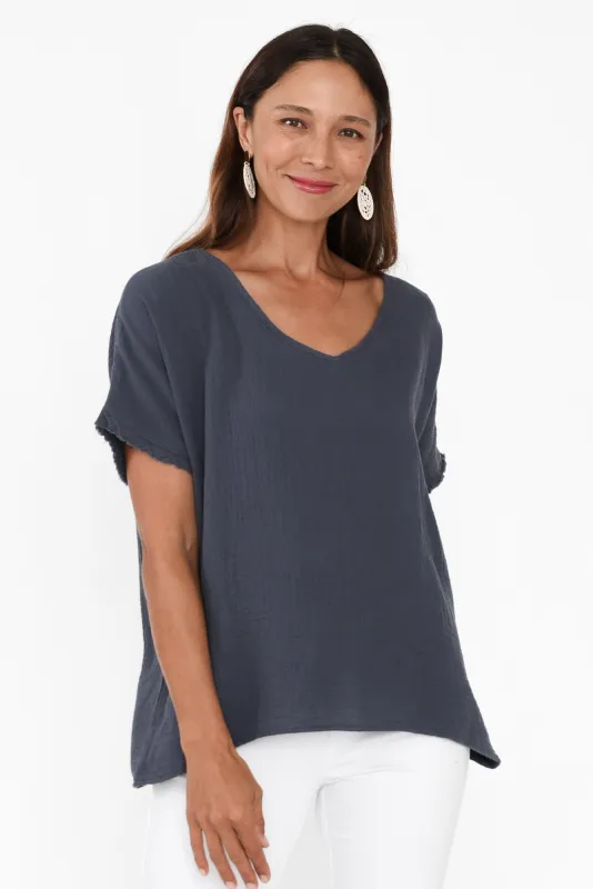 Anita Navy Cotton Cheesecloth Top sold by Blue Bungalow