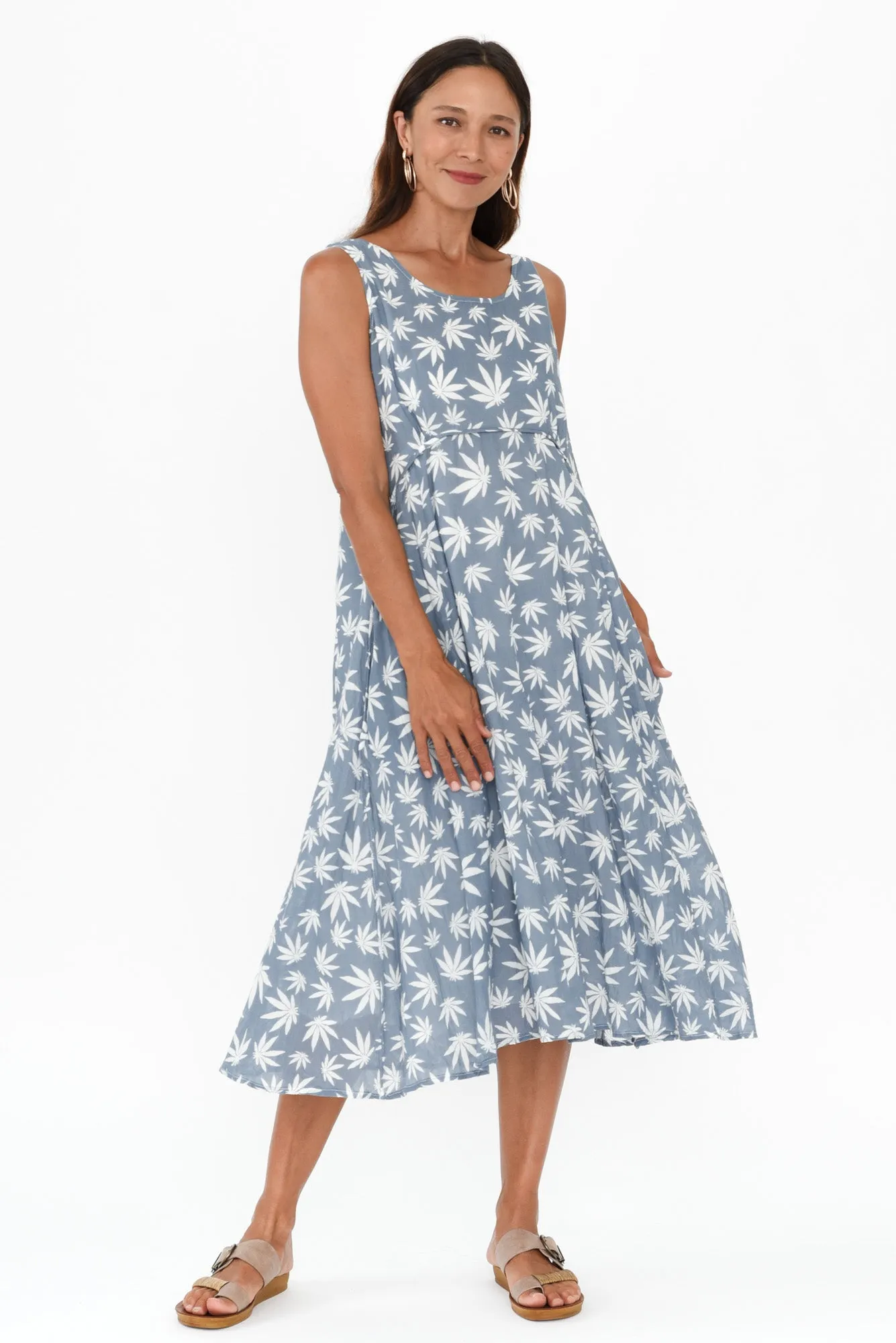 Rina Blue Agave Leaf Cotton Pocket Dress sold by Blue Bungalow