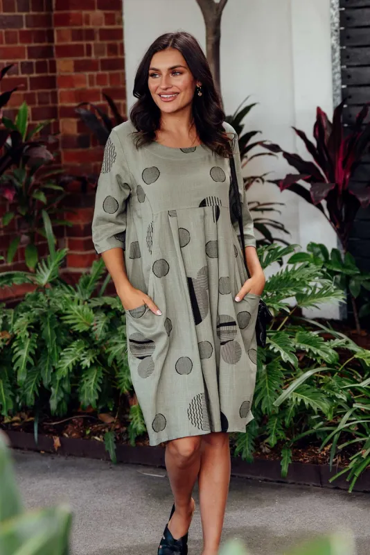 Myley Khaki Spot Linen Cotton Dress sold by Blue Bungalow