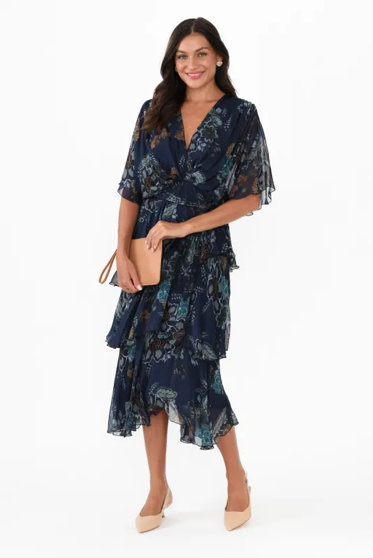 Natalie Navy Flower Silk Layer Dress sold by Blue Bungalow