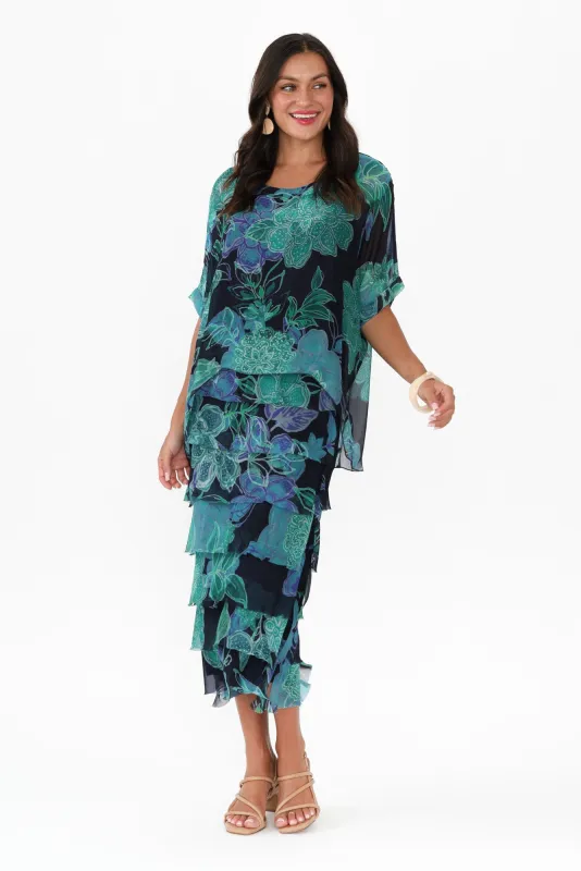 Katerina Aqua Floral Silk Overlay Maxi Dress sold by Blue Bungalow