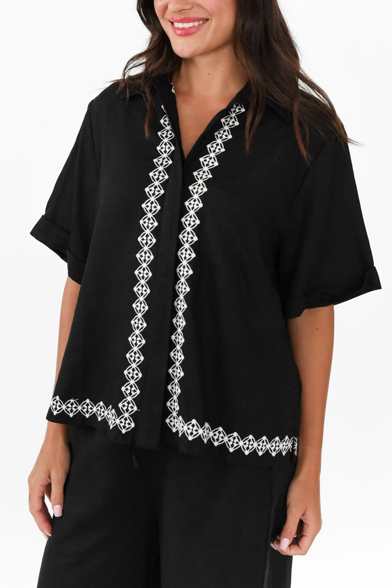 Nina Black Embroidered Linen Blend Shirt sold by Blue Bungalow product image thumbnail 5