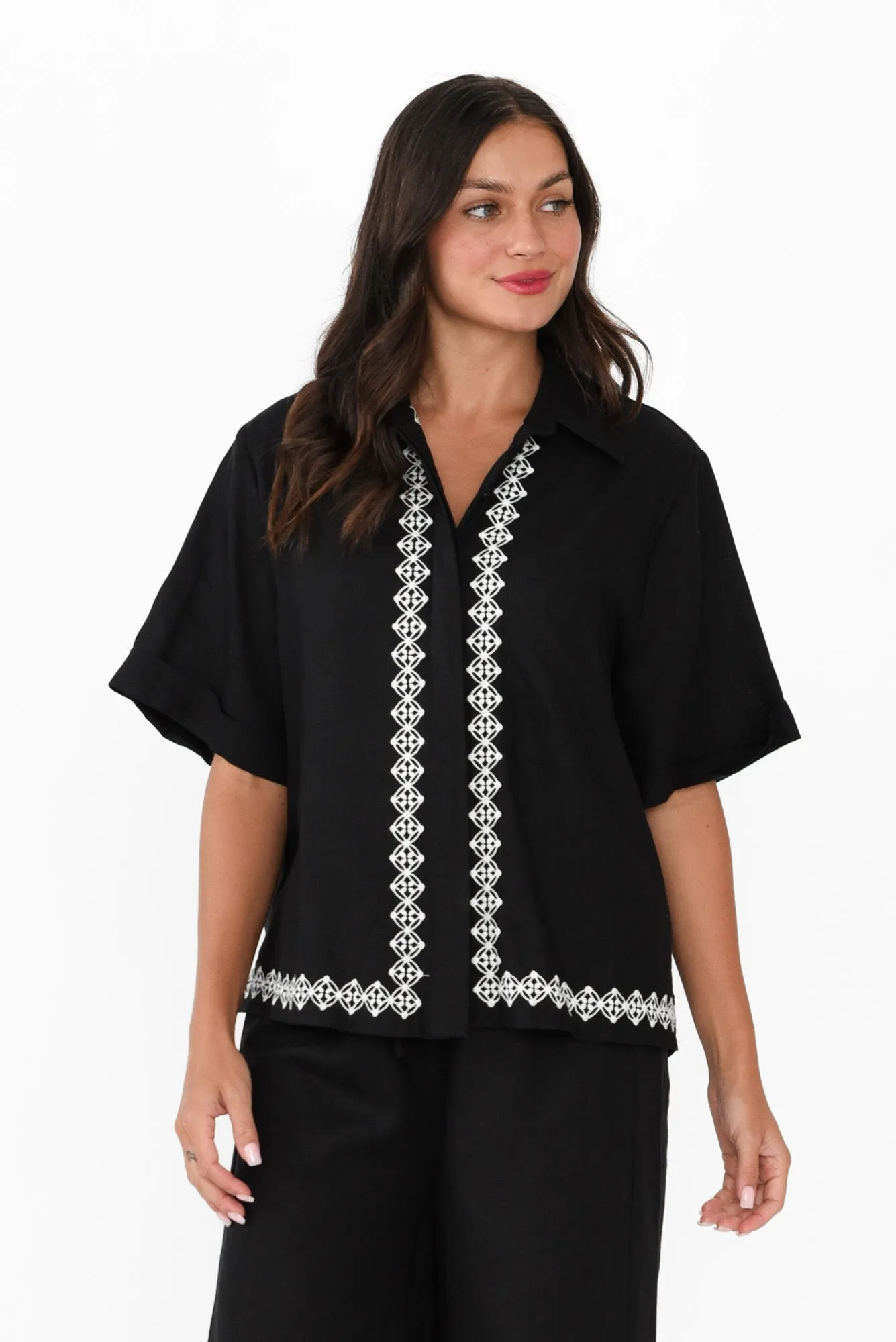 Nina Black Embroidered Linen Blend Shirt sold by Blue Bungalow