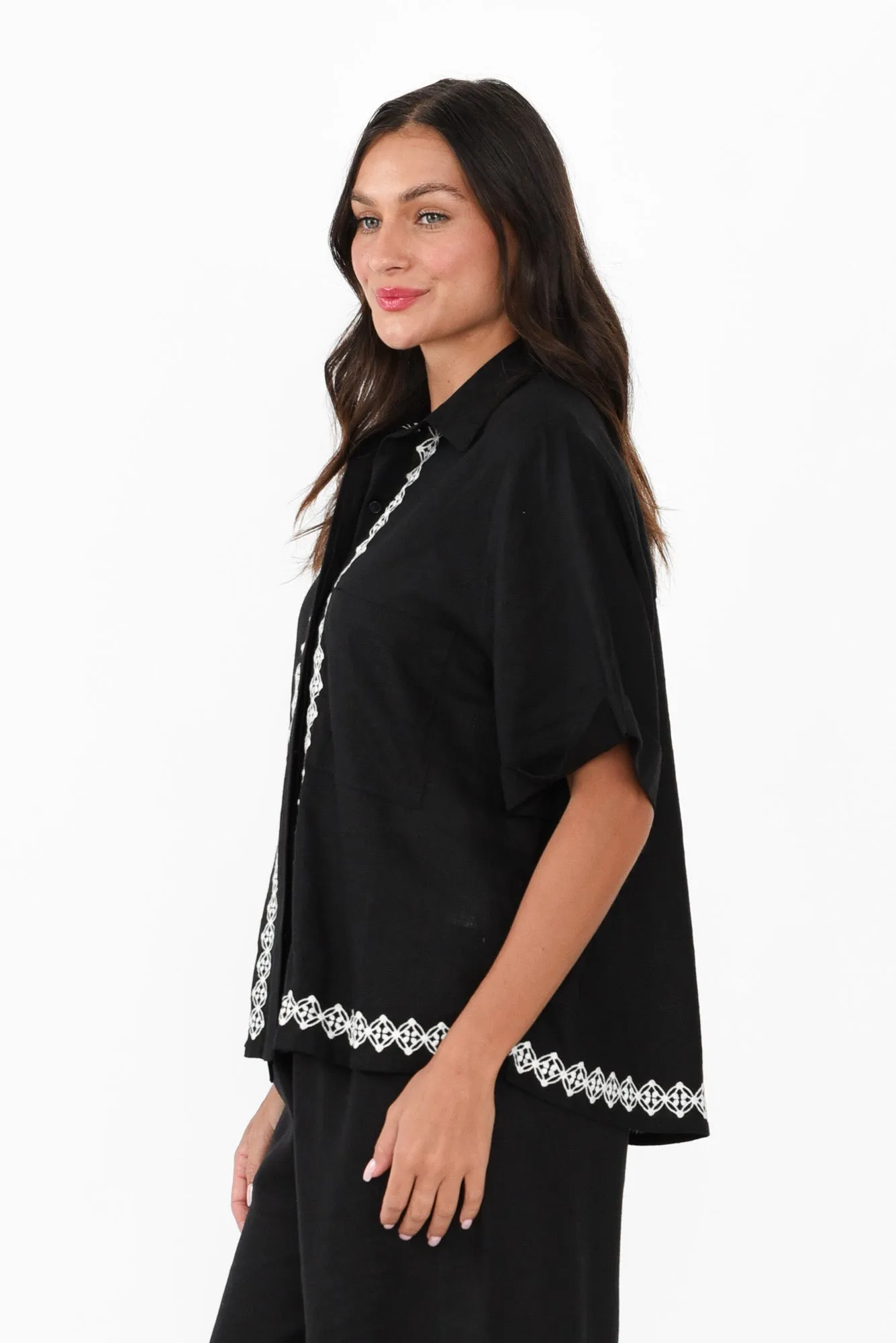 Nina Black Embroidered Linen Blend Shirt sold by Blue Bungalow product image thumbnail 3